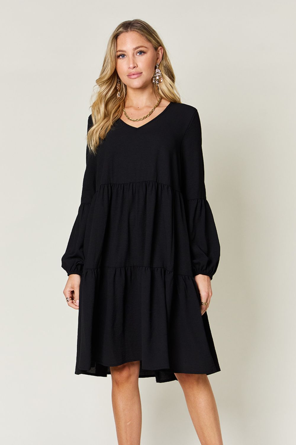 Double Take Full Size V-Neck Balloon Sleeve Tiered Dress - Luminous Bear