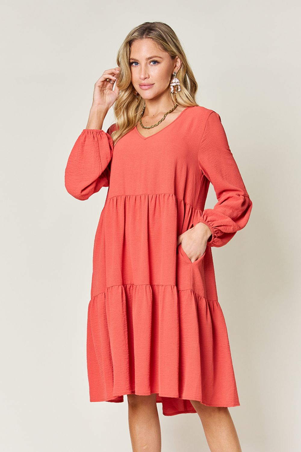 Double Take Full Size V-Neck Balloon Sleeve Tiered Dress - Luminous Bear