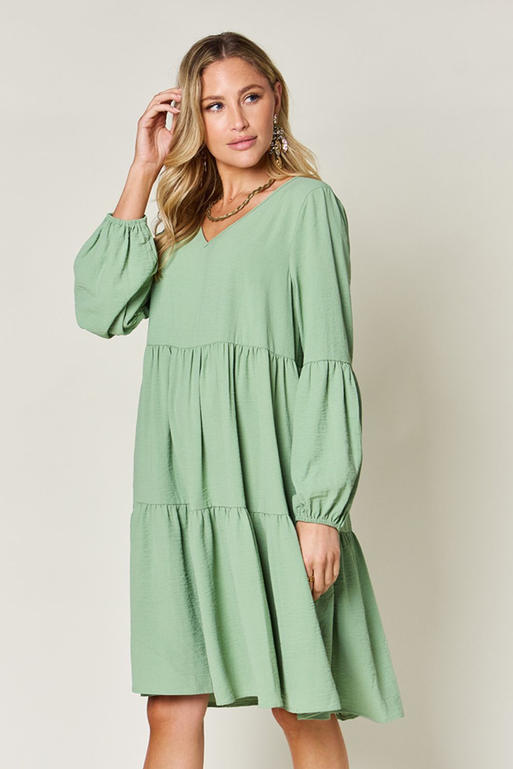 Double Take Full Size V-Neck Balloon Sleeve Tiered Dress - Luminous Bear