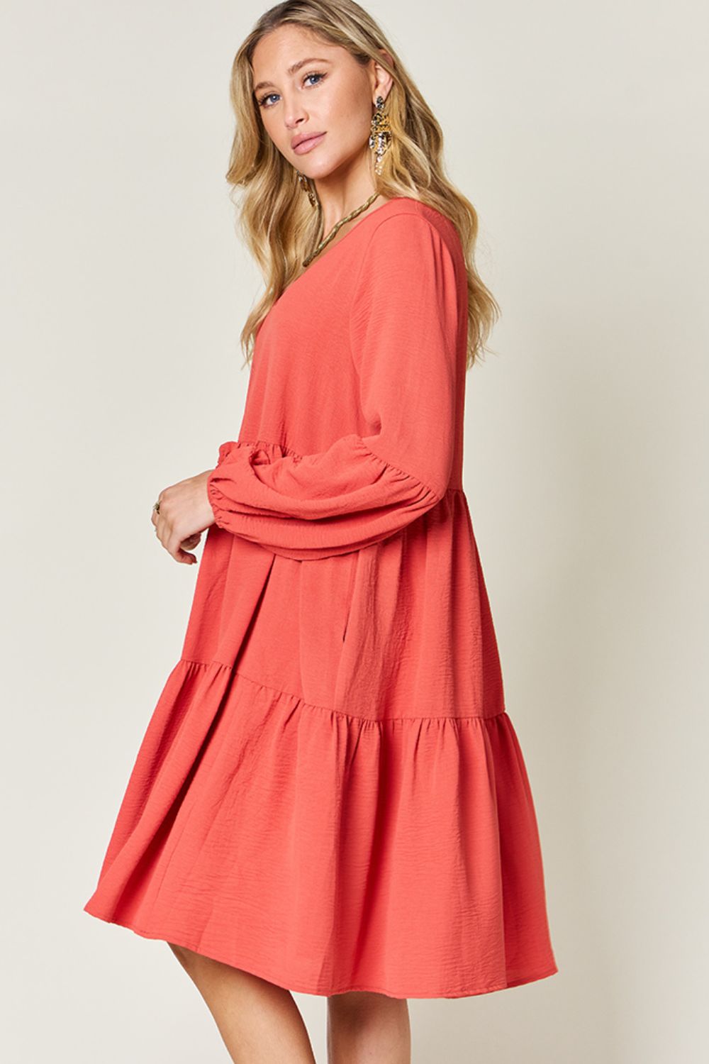Double Take Full Size V-Neck Balloon Sleeve Tiered Dress - Luminous Bear