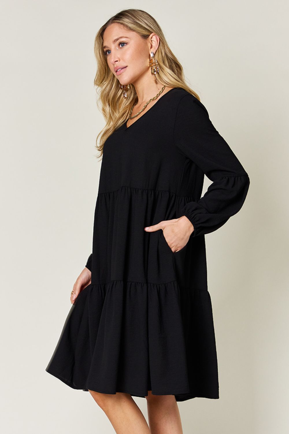 Double Take Full Size V-Neck Balloon Sleeve Tiered Dress - Luminous Bear