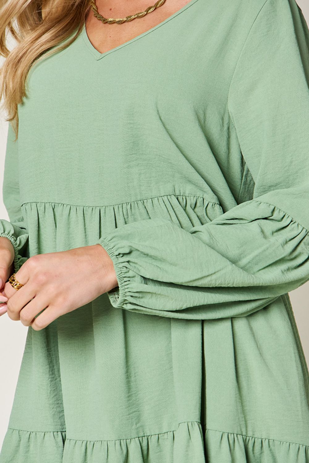 Double Take Full Size V-Neck Balloon Sleeve Tiered Dress - Luminous Bear