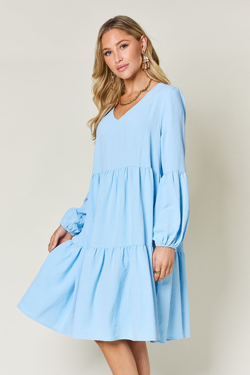 Double Take Full Size V-Neck Balloon Sleeve Tiered Dress - Luminous Bear