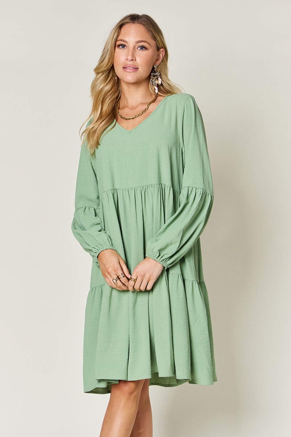 Double Take Full Size V-Neck Balloon Sleeve Tiered Dress - Luminous Bear