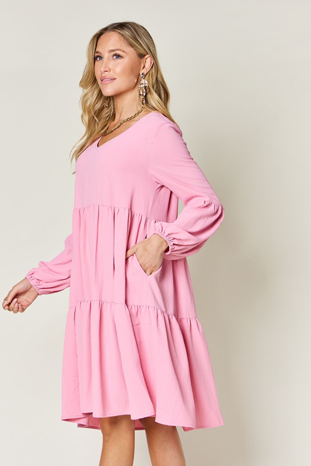 Double Take Full Size V-Neck Balloon Sleeve Tiered Dress - Luminous Bear