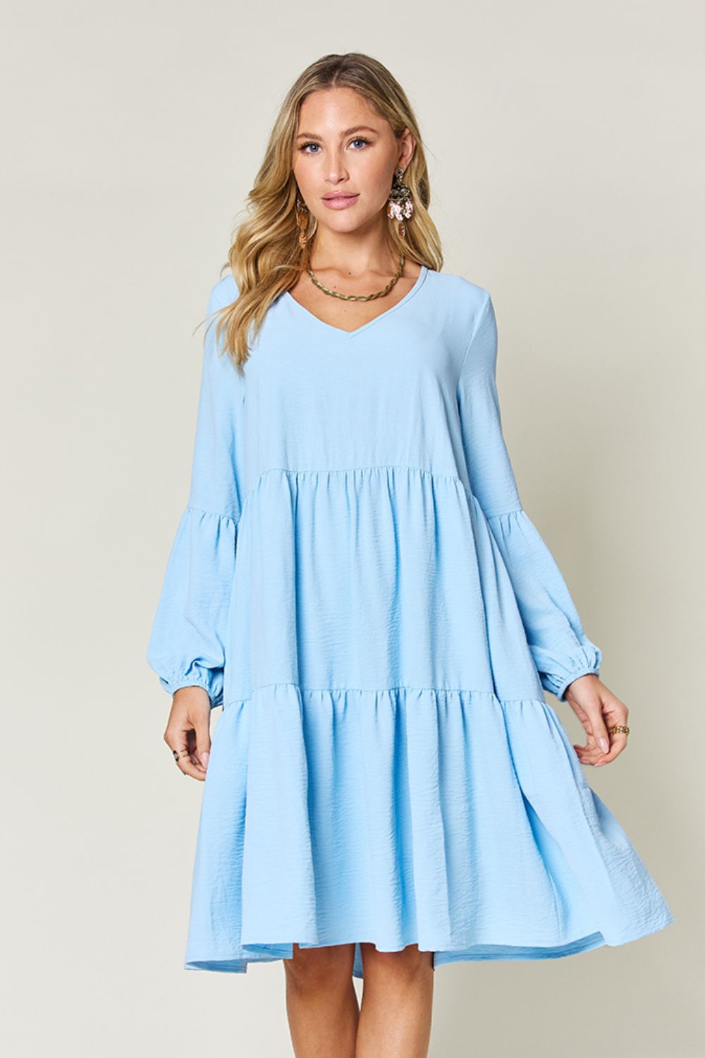 Double Take Full Size V-Neck Balloon Sleeve Tiered Dress - Luminous Bear