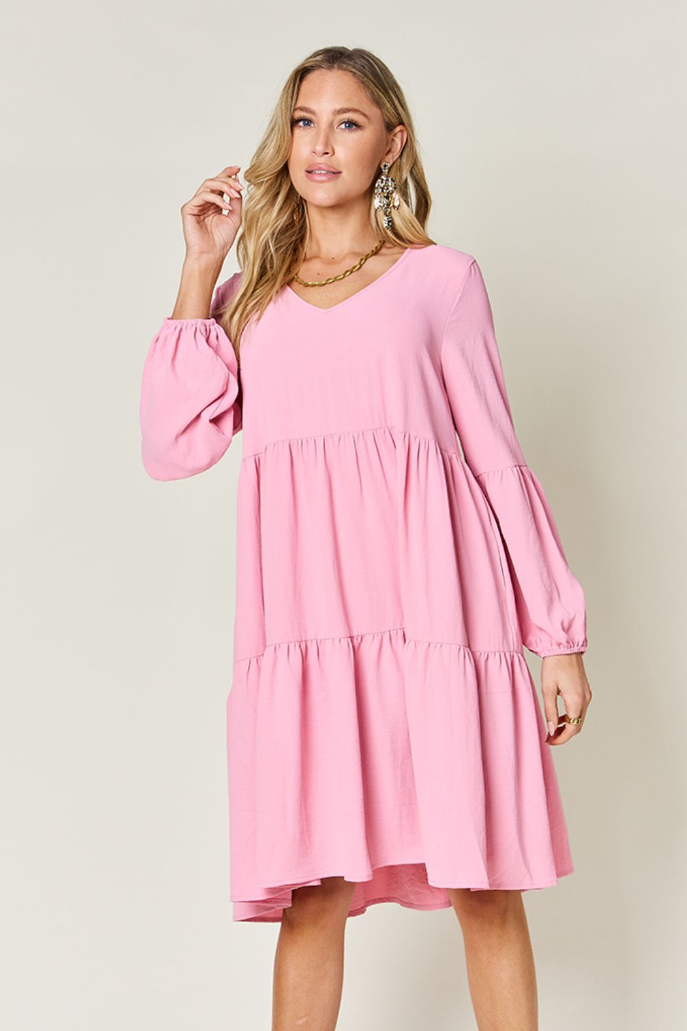 Double Take Full Size V-Neck Balloon Sleeve Tiered Dress - Luminous Bear