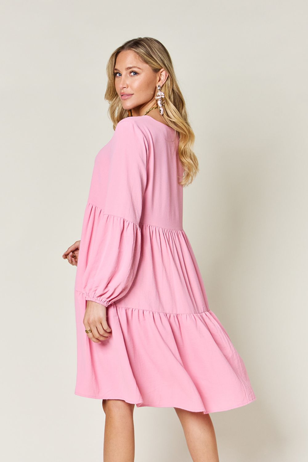 Double Take Full Size V-Neck Balloon Sleeve Tiered Dress - Luminous Bear