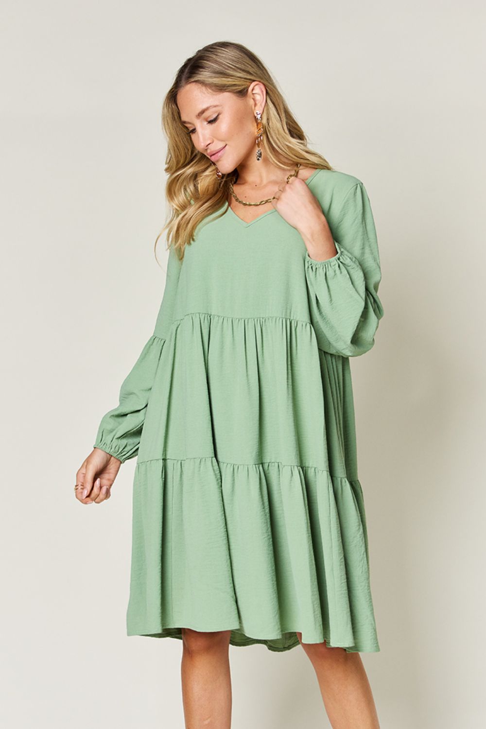 Double Take Full Size V-Neck Balloon Sleeve Tiered Dress - Luminous Bear