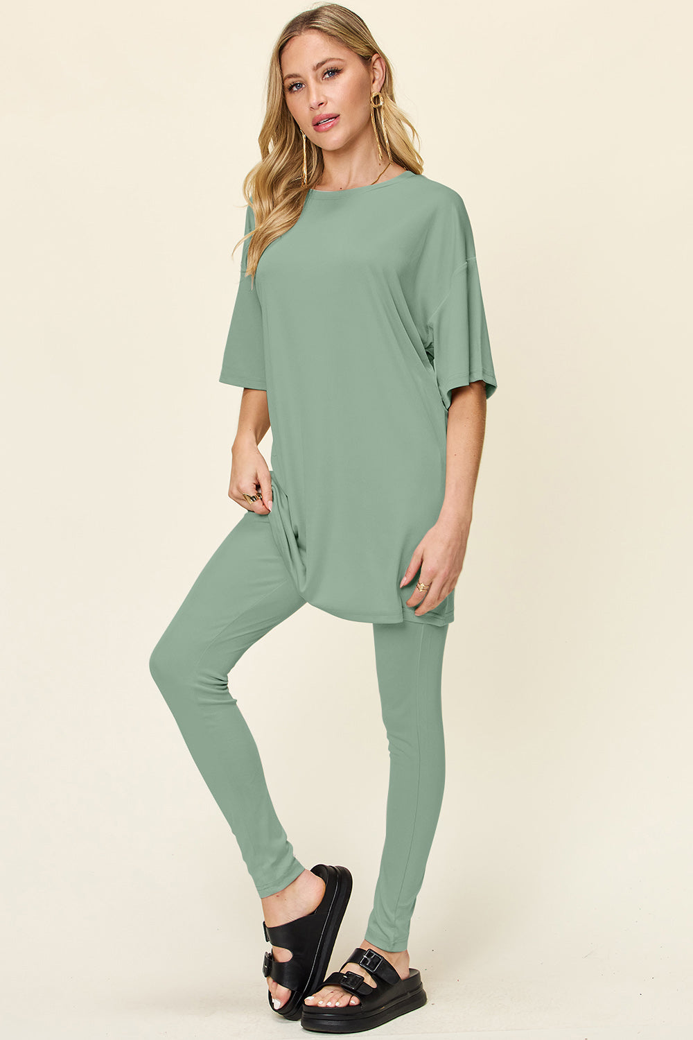 Double Take Full Size Round Neck Dropped Shoulder T-Shirt and Leggings Set - Luminous Bear Shop