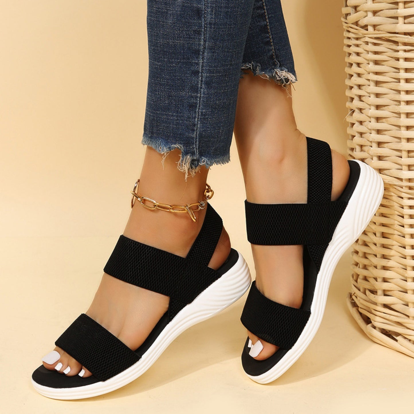 Rubber Open Toe Low Heel Sandals - Luminous Bear Shop