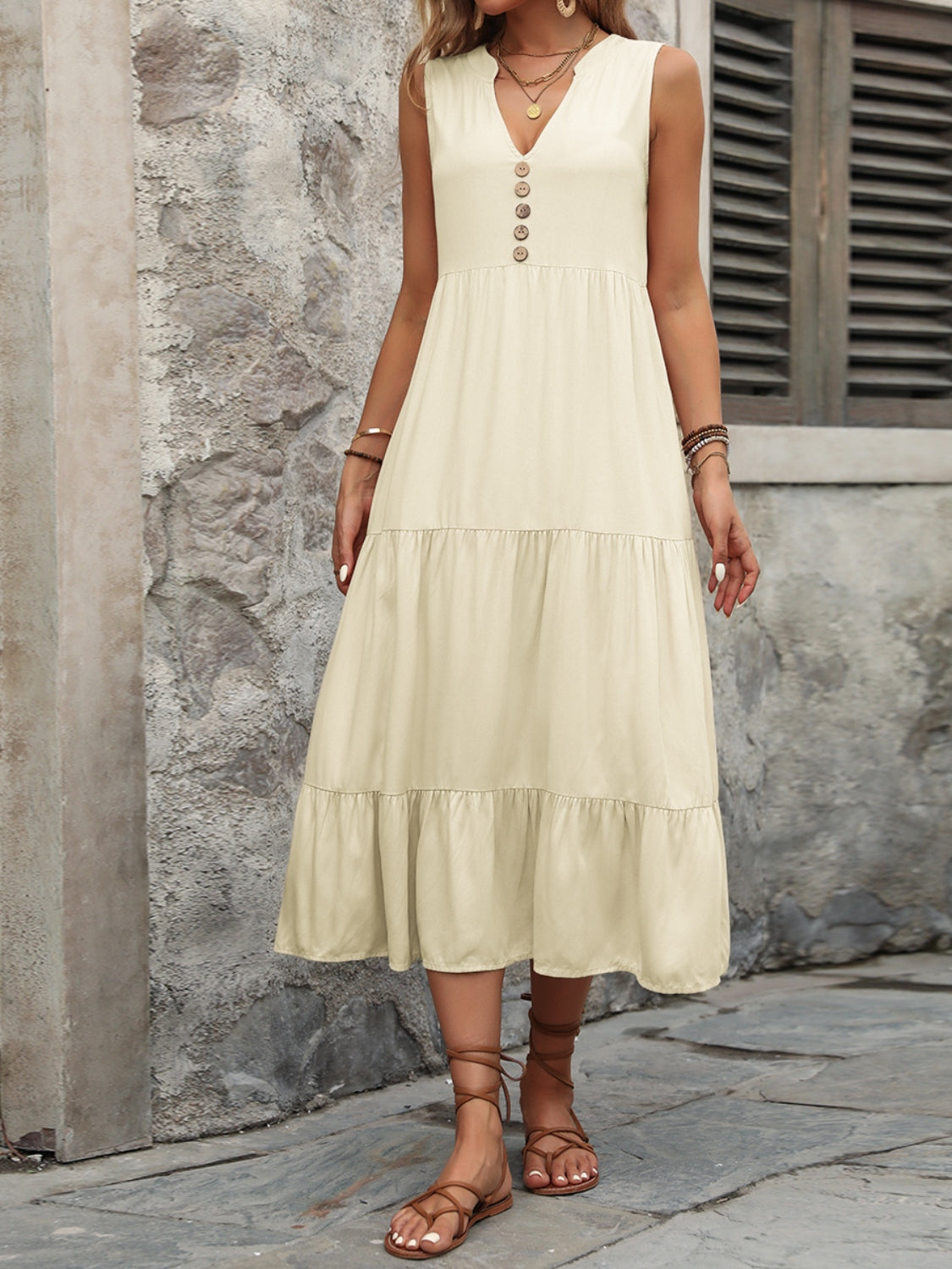 Decorative Button Notched Sleeveless Dress - Luminous Bear Shop