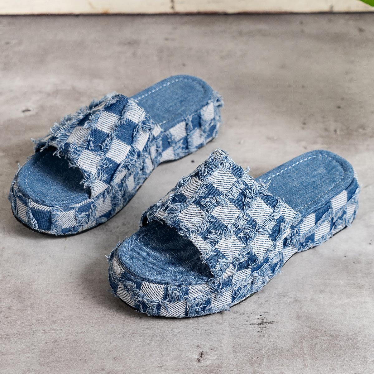 Plaid PU Leather Platform Sandals - Luminous Bear Shop