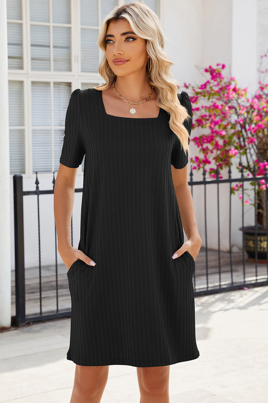 Pocketed Square Neck Short Sleeve Dress - Luminous Bear Shop