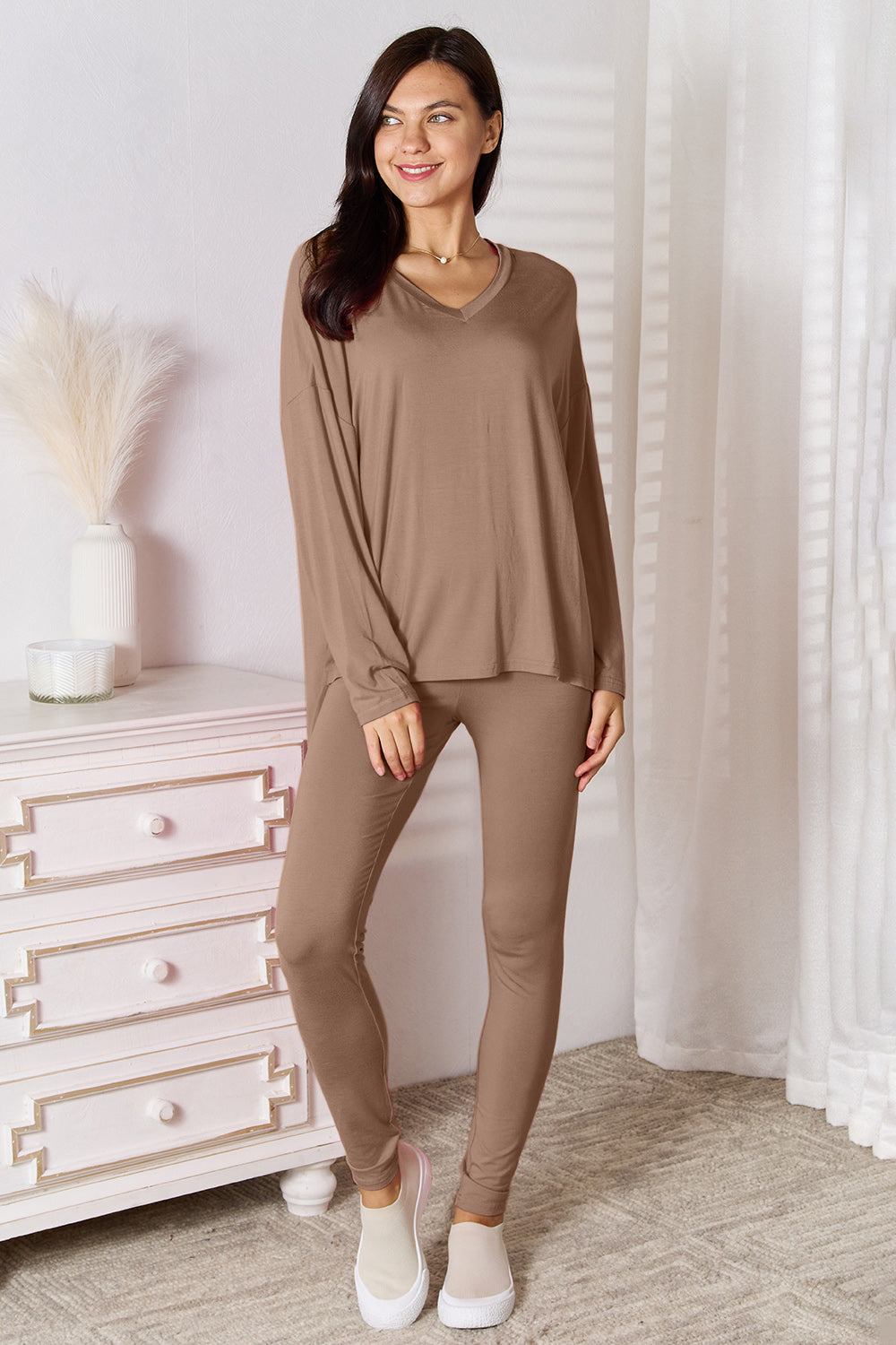 Basic Bae Full Size V-Neck Soft Rayon Long Sleeve Top and Pants Lounge Set - Luminous Bear Shop