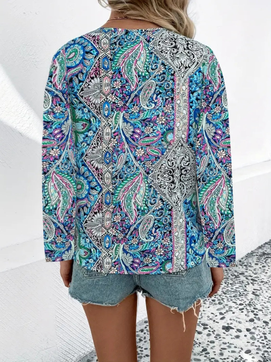 Printed V-Neck Long Sleeve Blouse - Luminous Bear Shop