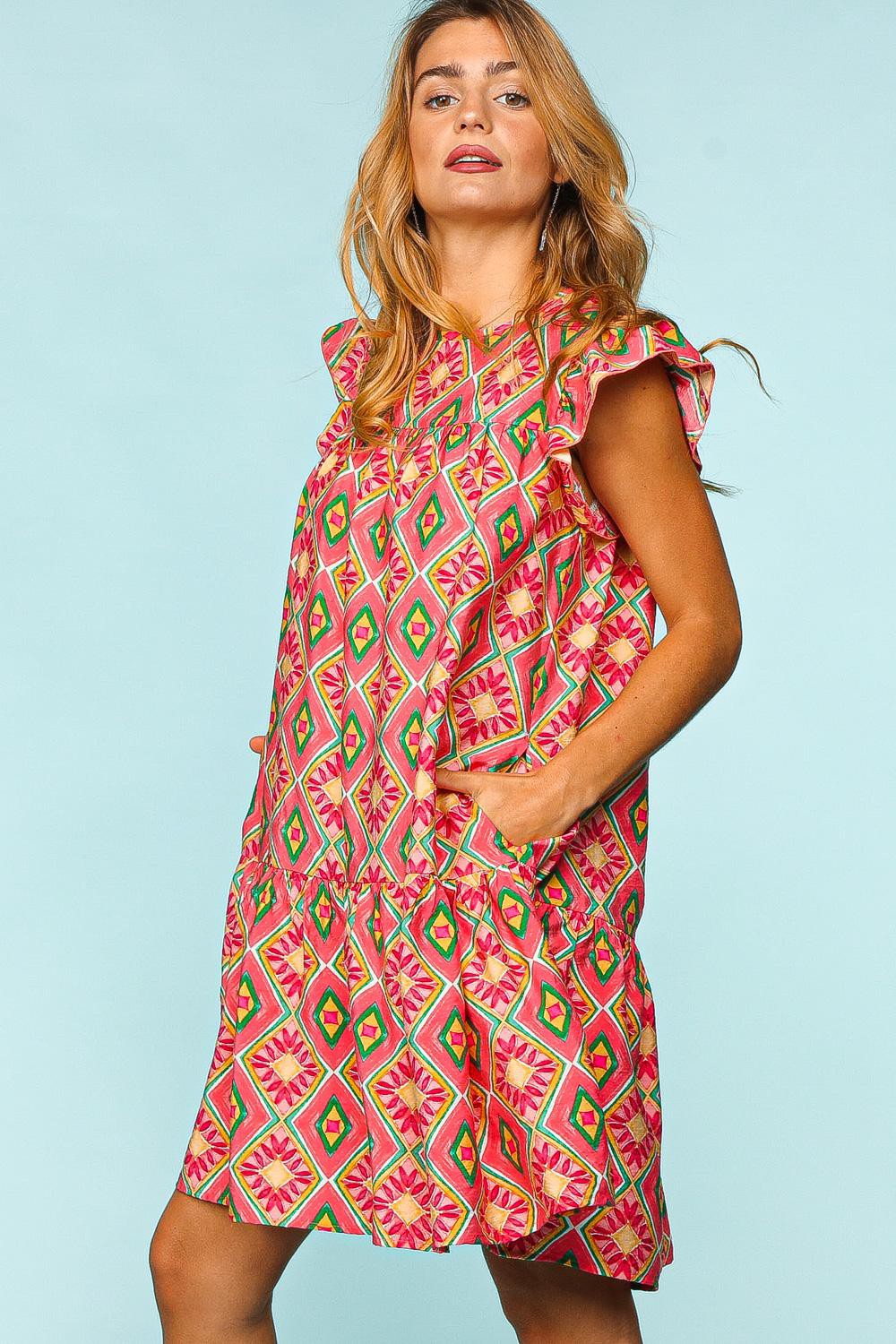 Haptics Full Size Ruffled Printed Dress with Side Pockets - Luminous Bear Shop