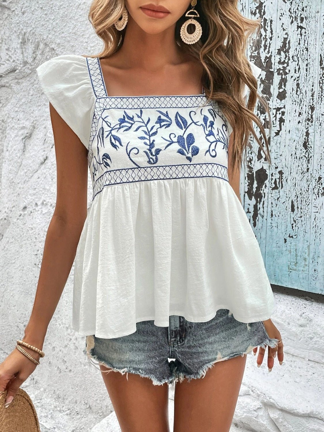 Embroidered Square Neck Cap Sleeve Blouse - Luminous Bear