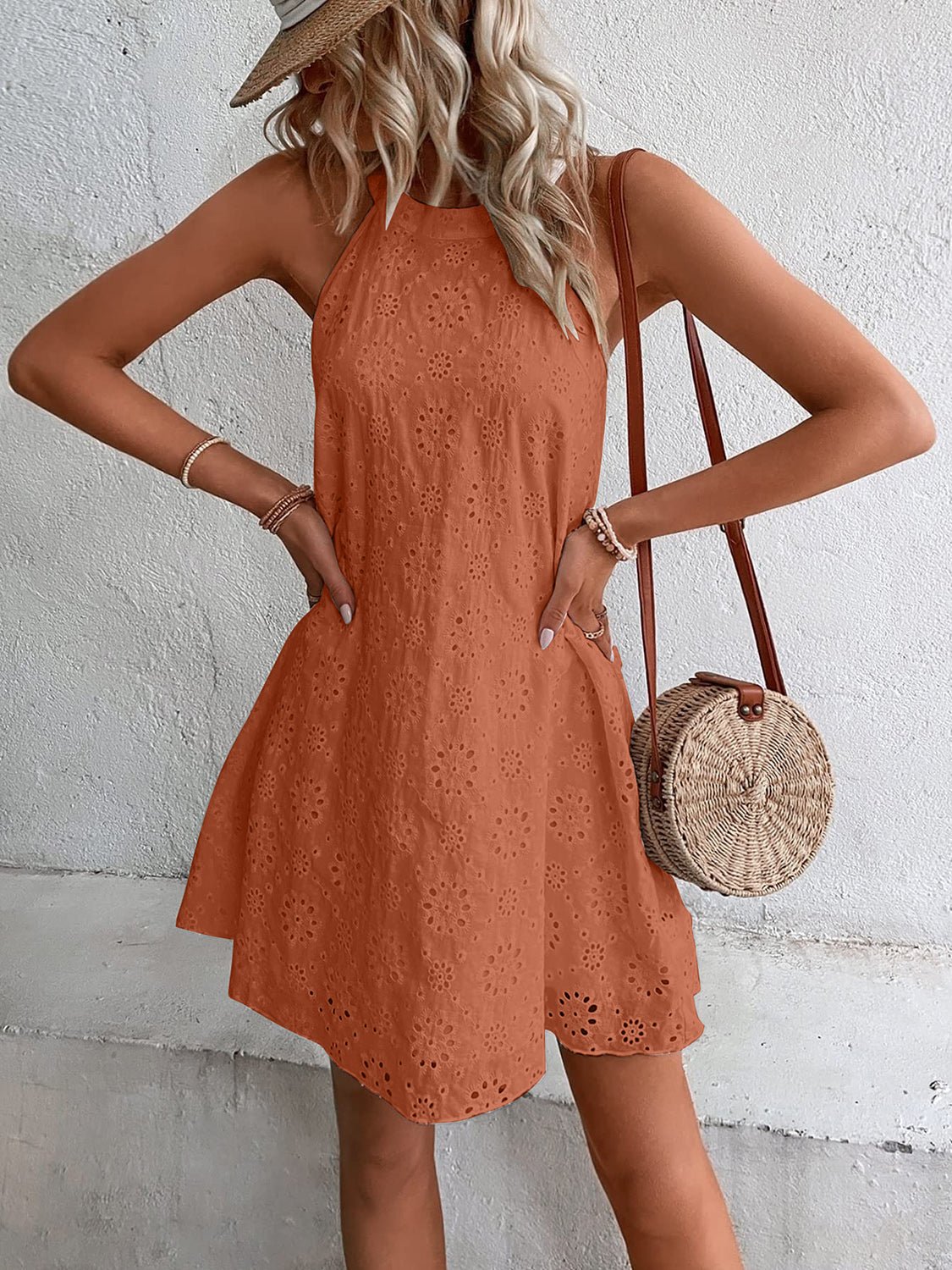 Eyelet Grecian Neck Mini Dress - Luminous Bear