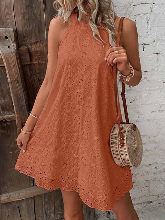 Eyelet Grecian Neck Mini Dress - Luminous Bear