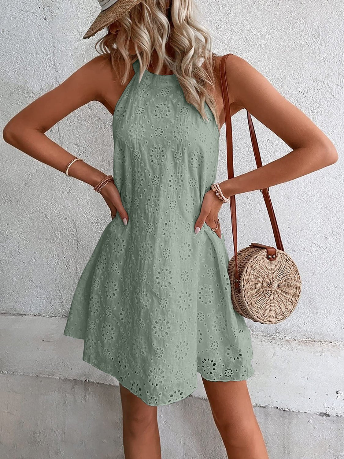 Eyelet Grecian Neck Mini Dress - Luminous Bear