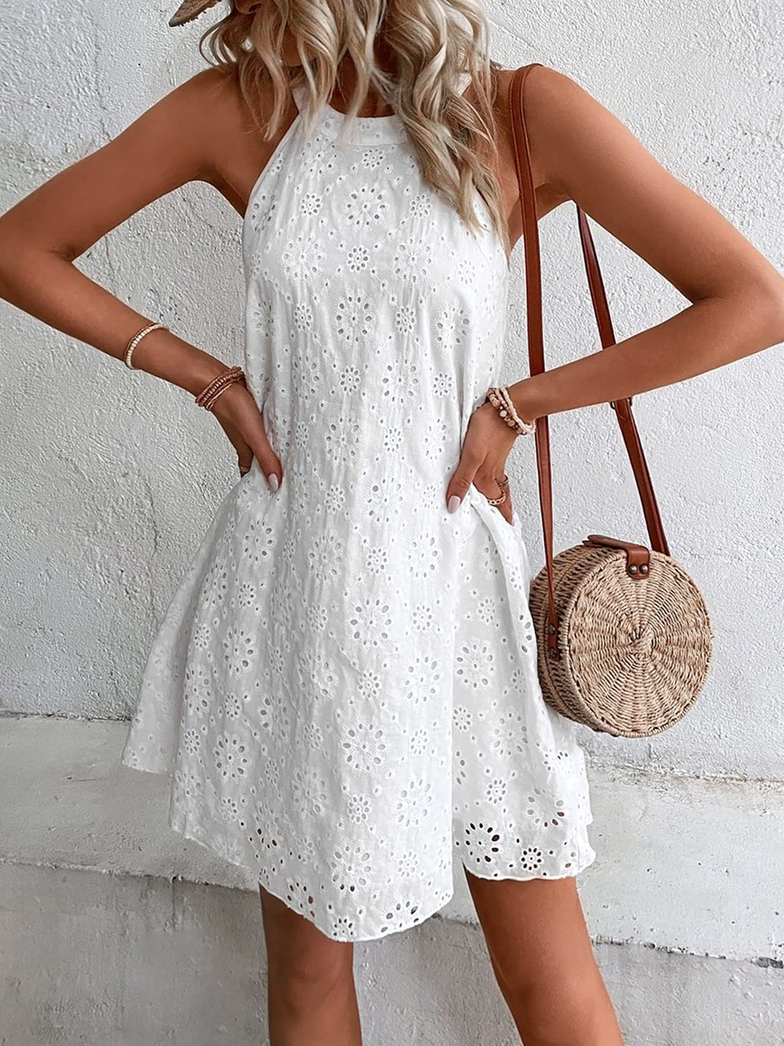 Eyelet Grecian Neck Mini Dress - Luminous Bear
