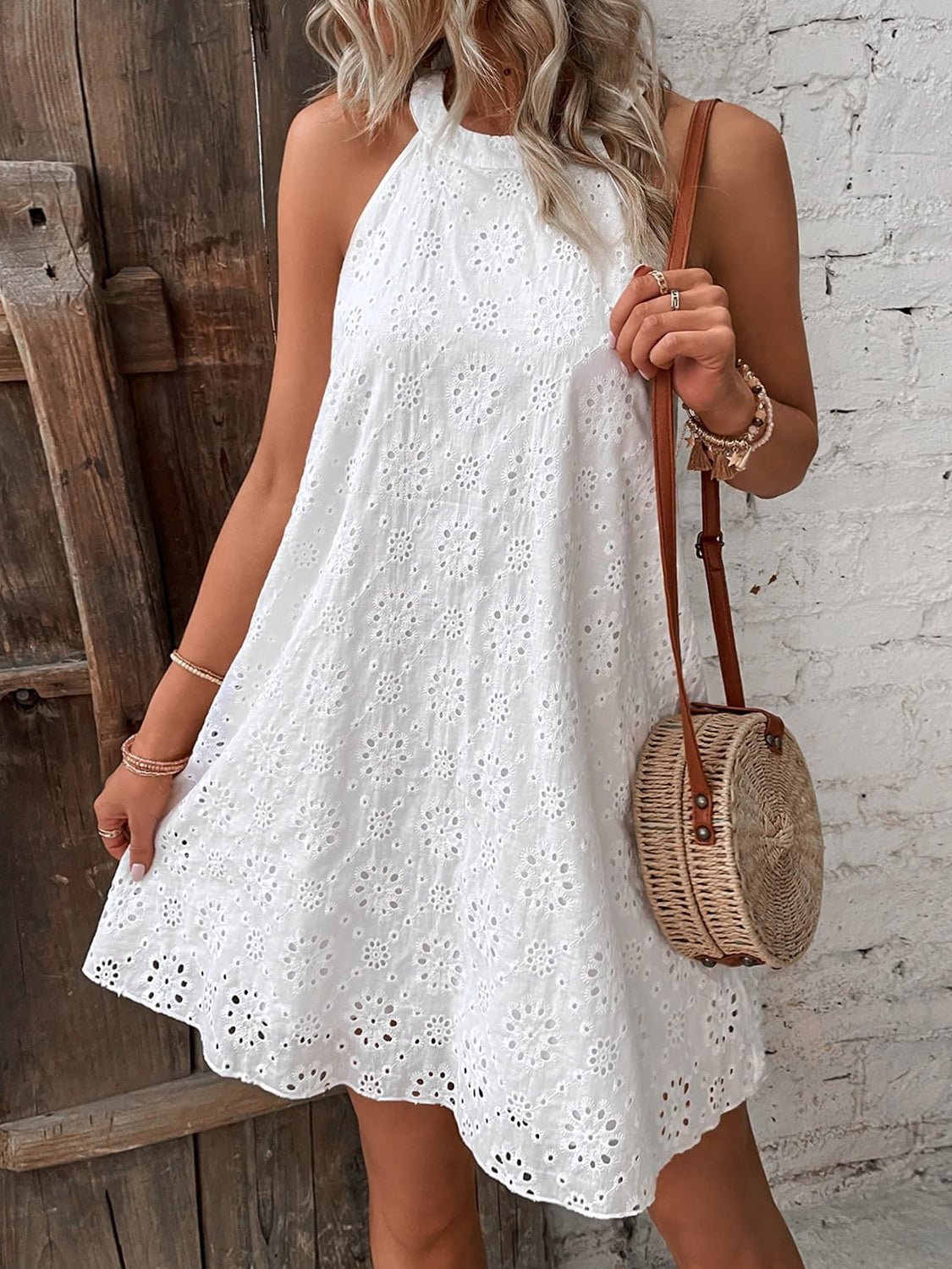 Eyelet Grecian Neck Mini Dress - Luminous Bear