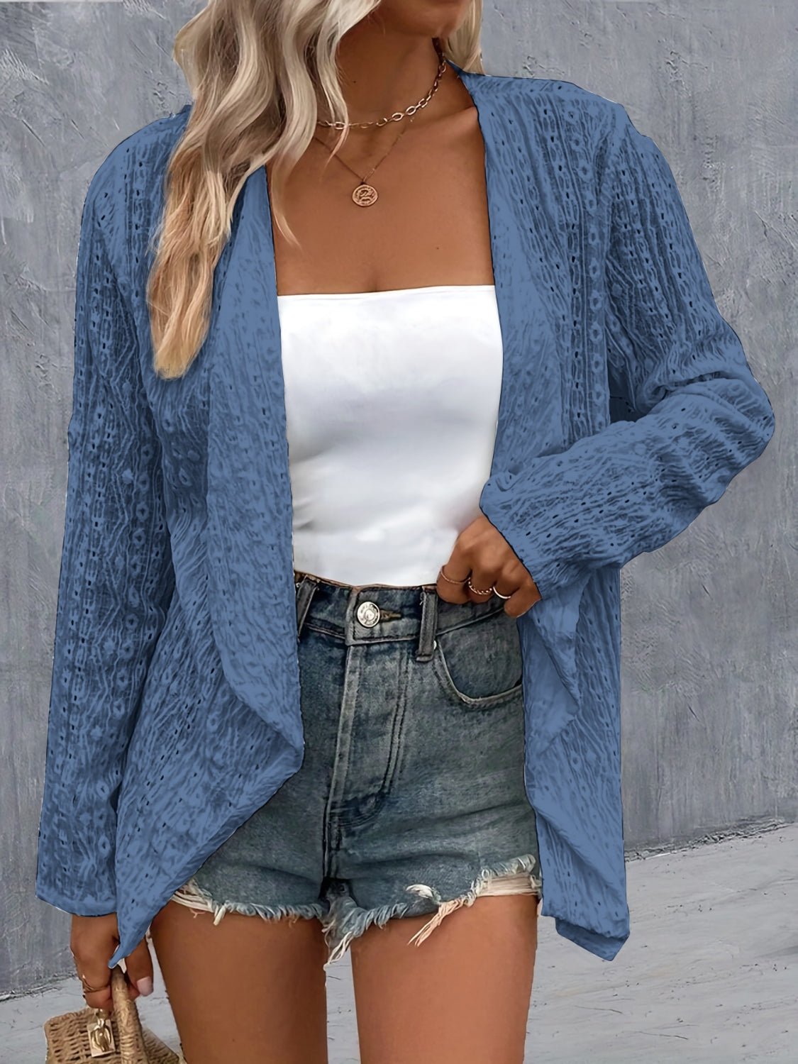Eyelet Roll-Tab Sleeve Cardigan - Luminous Bear
