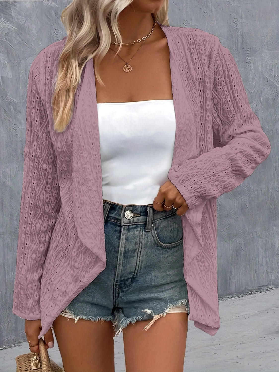 Eyelet Roll-Tab Sleeve Cardigan - Luminous Bear