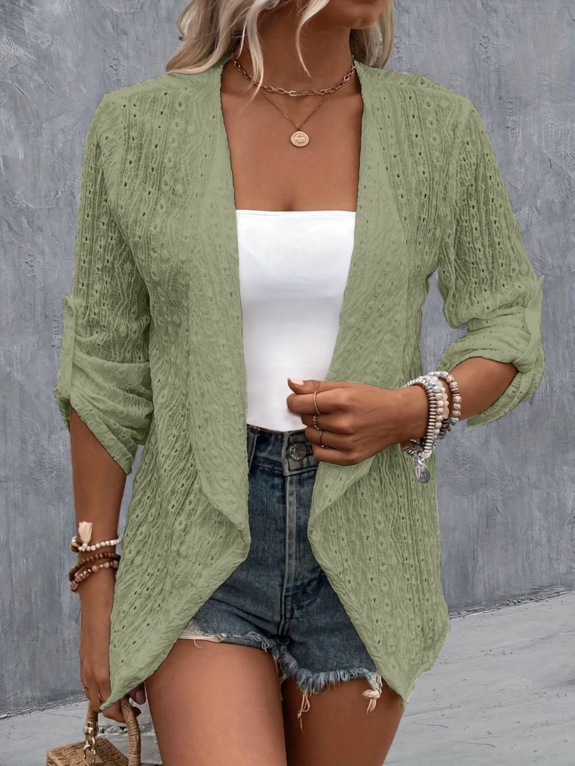 Eyelet Roll-Tab Sleeve Cardigan - Luminous Bear