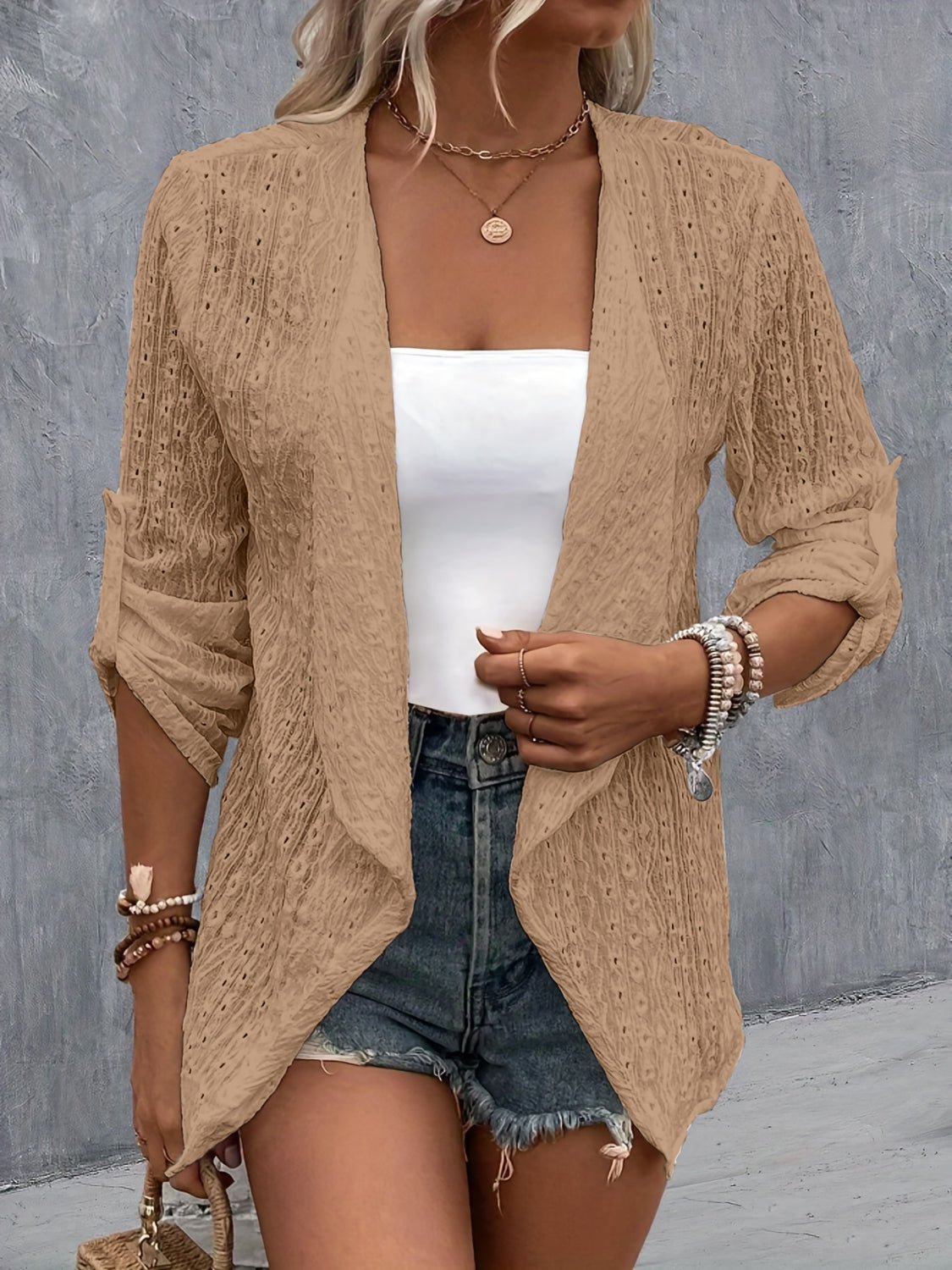 Eyelet Roll-Tab Sleeve Cardigan - Luminous Bear