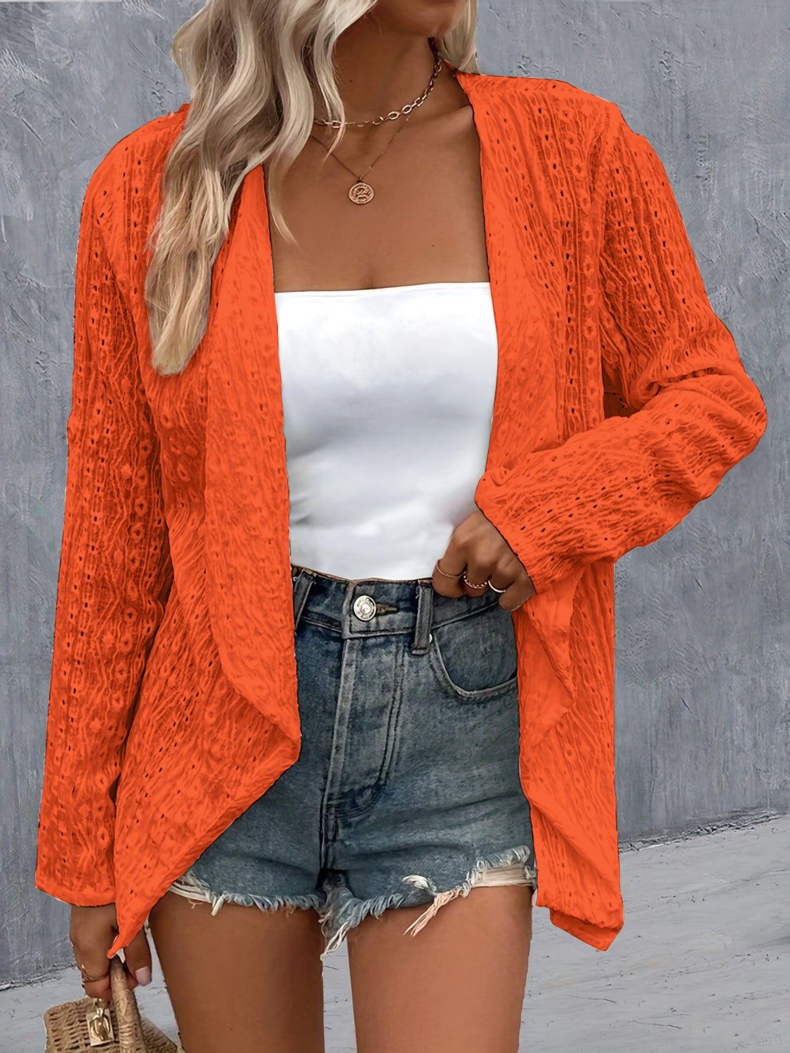 Eyelet Roll-Tab Sleeve Cardigan - Luminous Bear