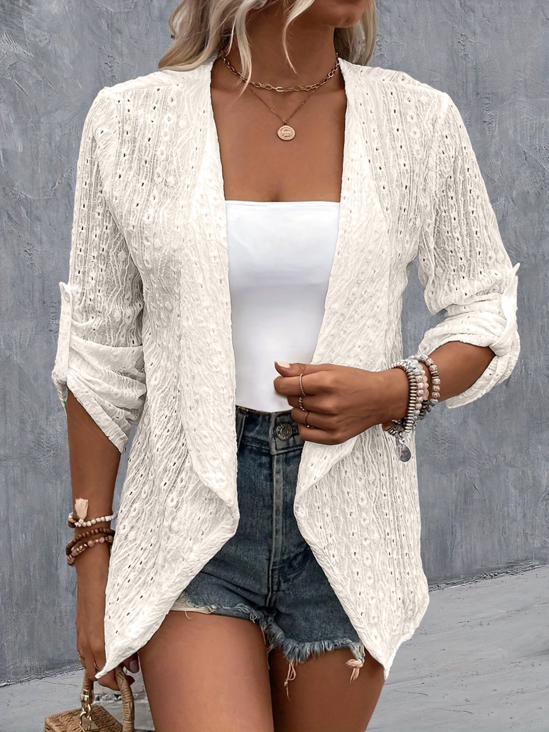 Eyelet Roll-Tab Sleeve Cardigan - Luminous Bear