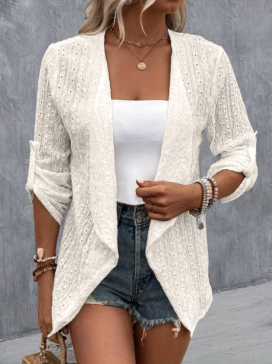 Eyelet Roll-Tab Sleeve Cardigan - Luminous Bear