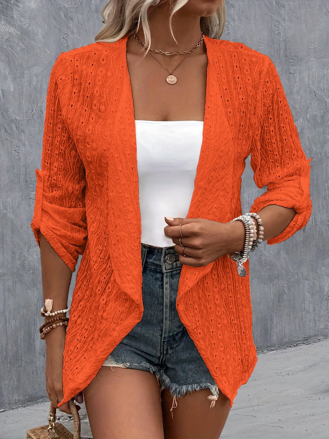 Eyelet Roll-Tab Sleeve Cardigan - Luminous Bear