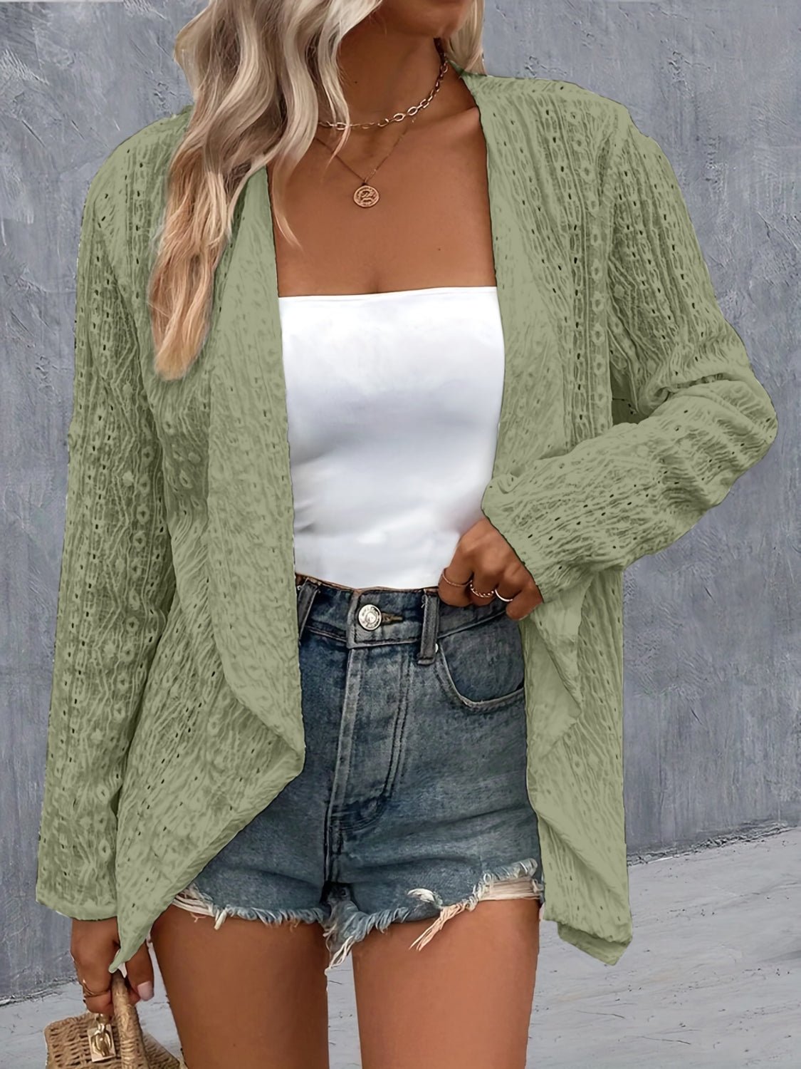 Eyelet Roll-Tab Sleeve Cardigan - Luminous Bear