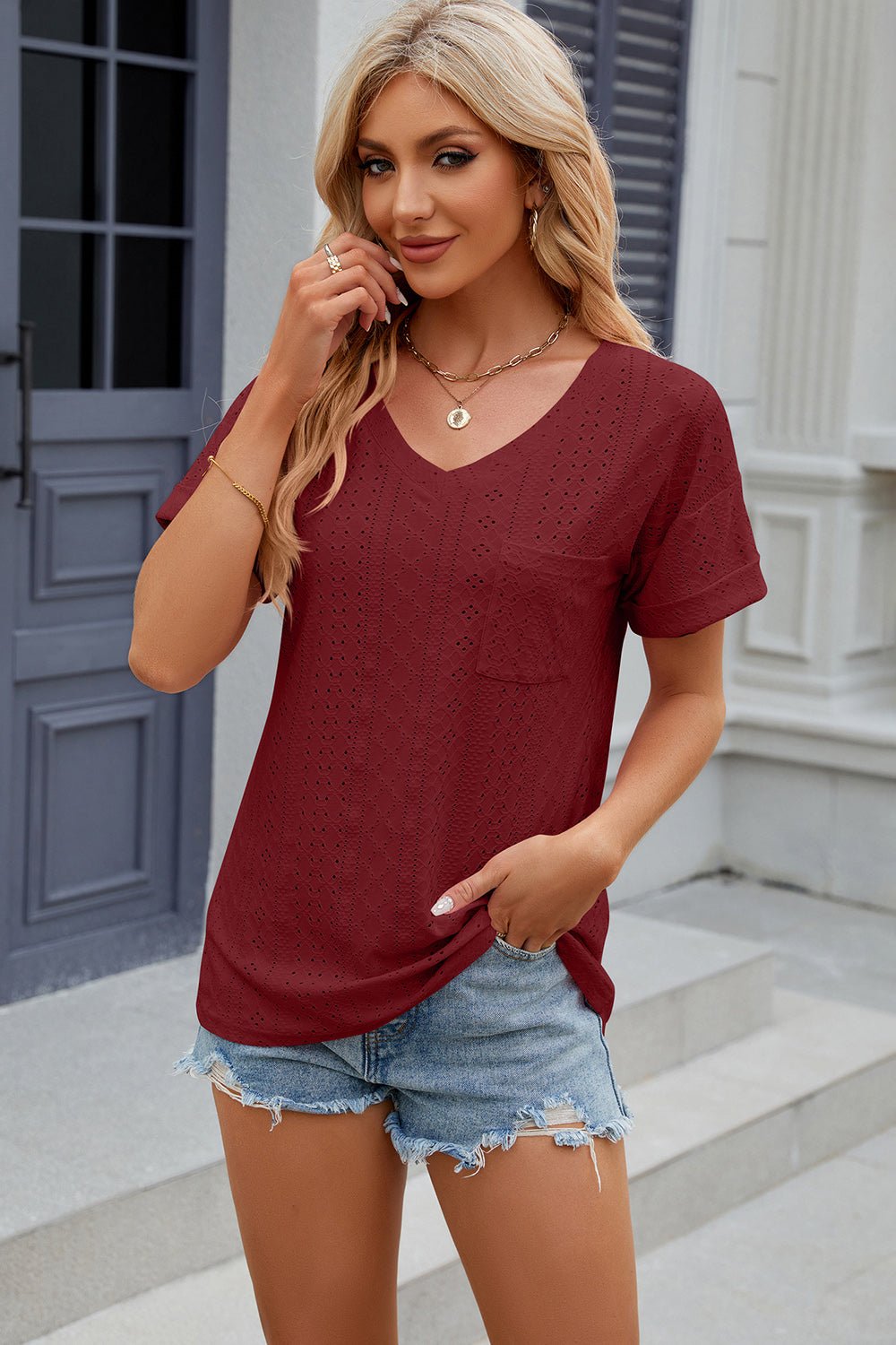 Eyelet V-Neck Short Sleeve T-Shirt - Luminous Bear
