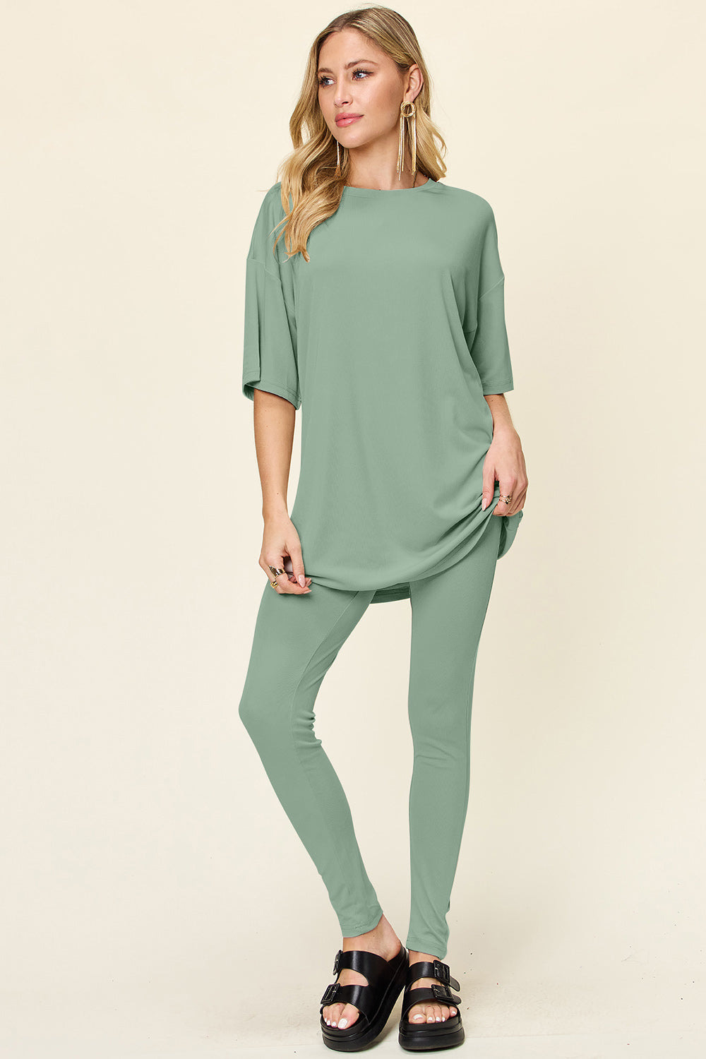 Double Take Full Size Round Neck Dropped Shoulder T-Shirt and Leggings Set - Luminous Bear Shop