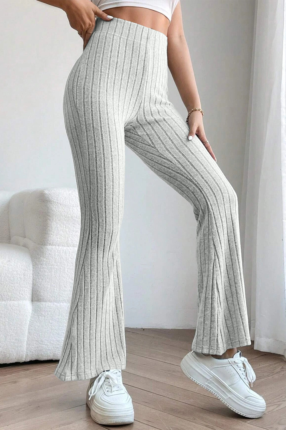 Basic Bae Full Size Ribbed High Waist Flare Pants - Luminous Bear Shop