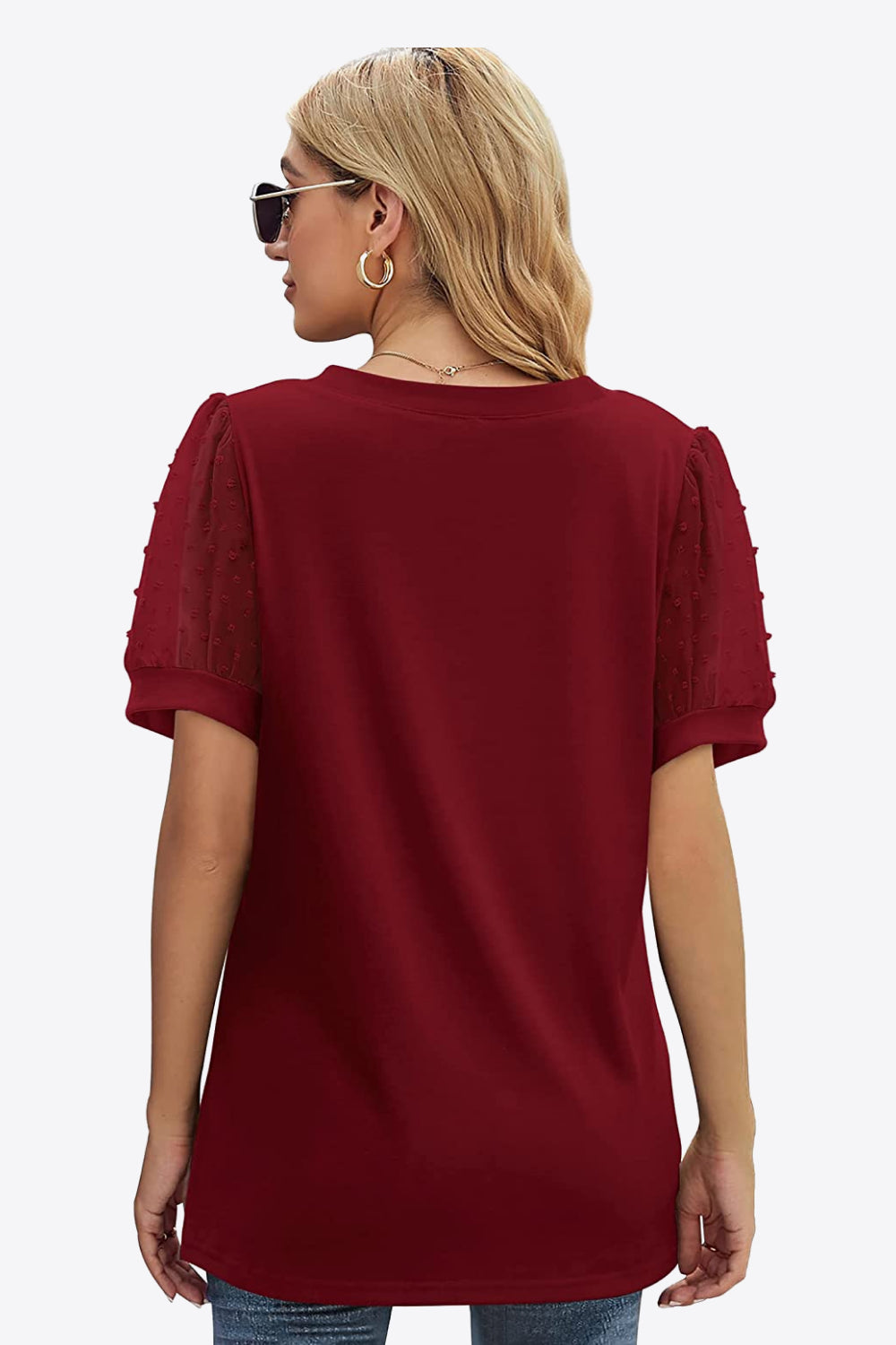 Swiss Dot Puff Sleeve V-Neck Tee - Luminous Bear Shop