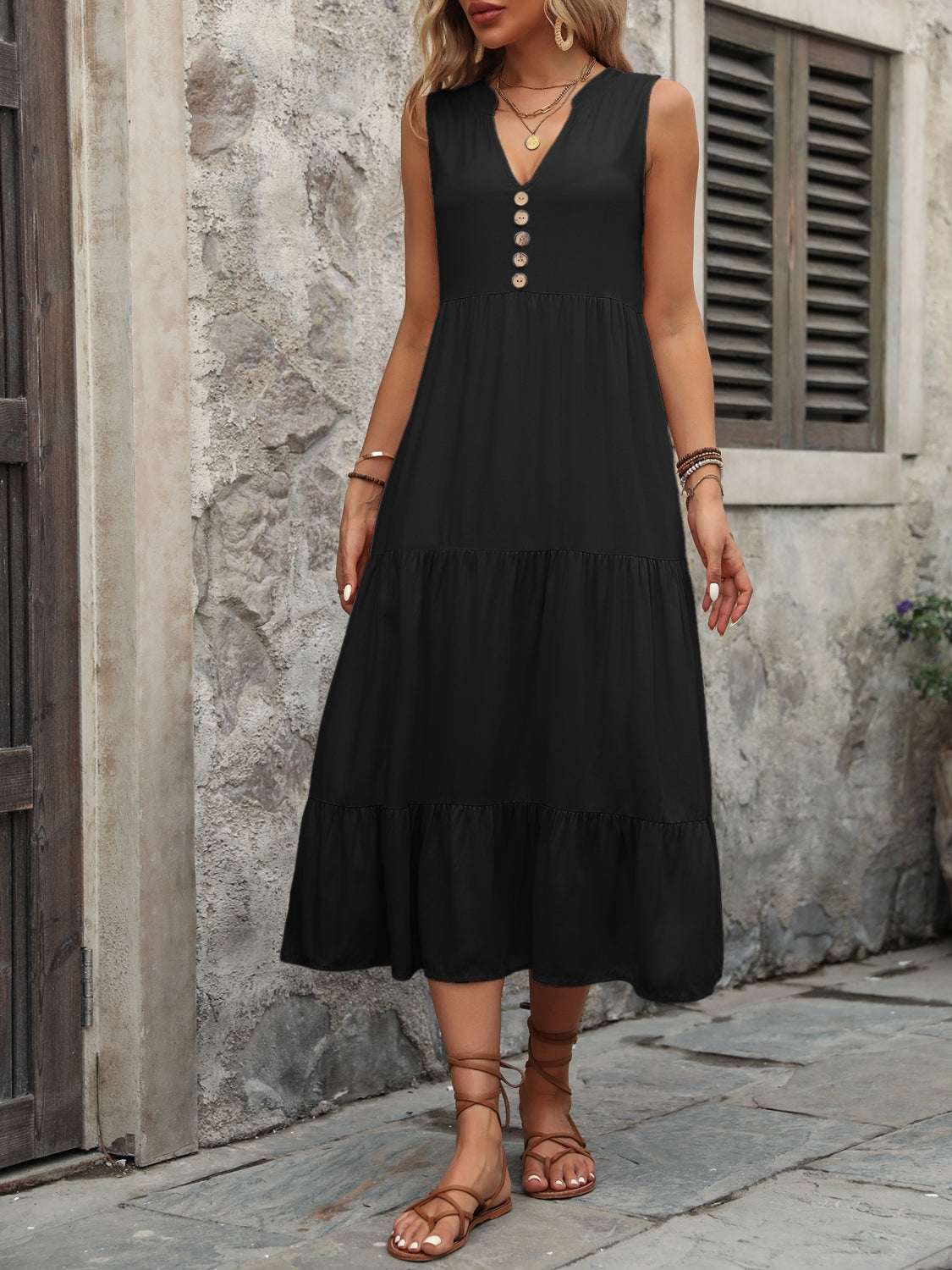 Decorative Button Notched Sleeveless Dress - Luminous Bear Shop