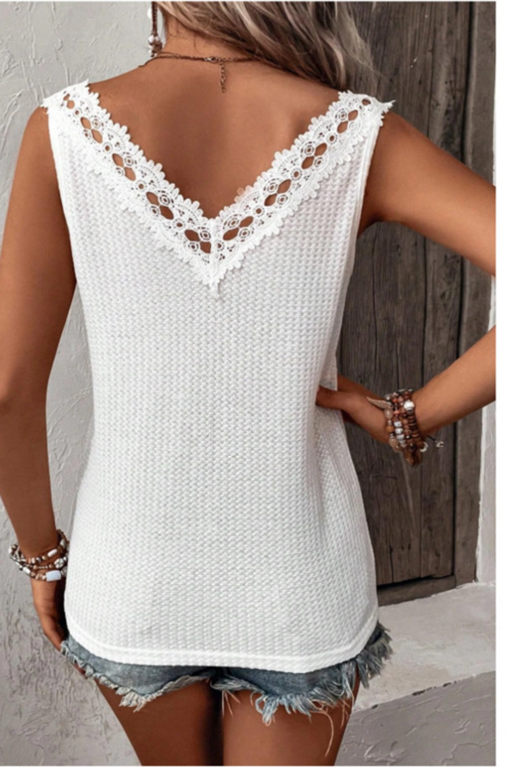 Lace Detail Textured V-Neck Tank - Luminous Bear Shop