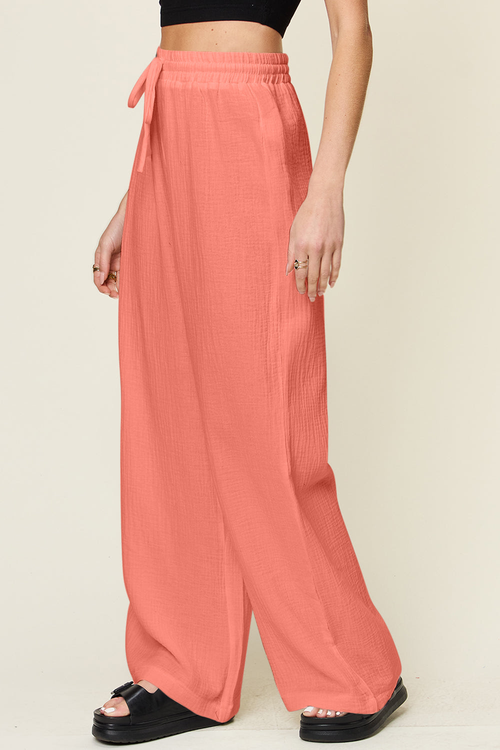 Double Take Full Size Texture Drawstring Wide Leg Pants - Luminous Bear Shop