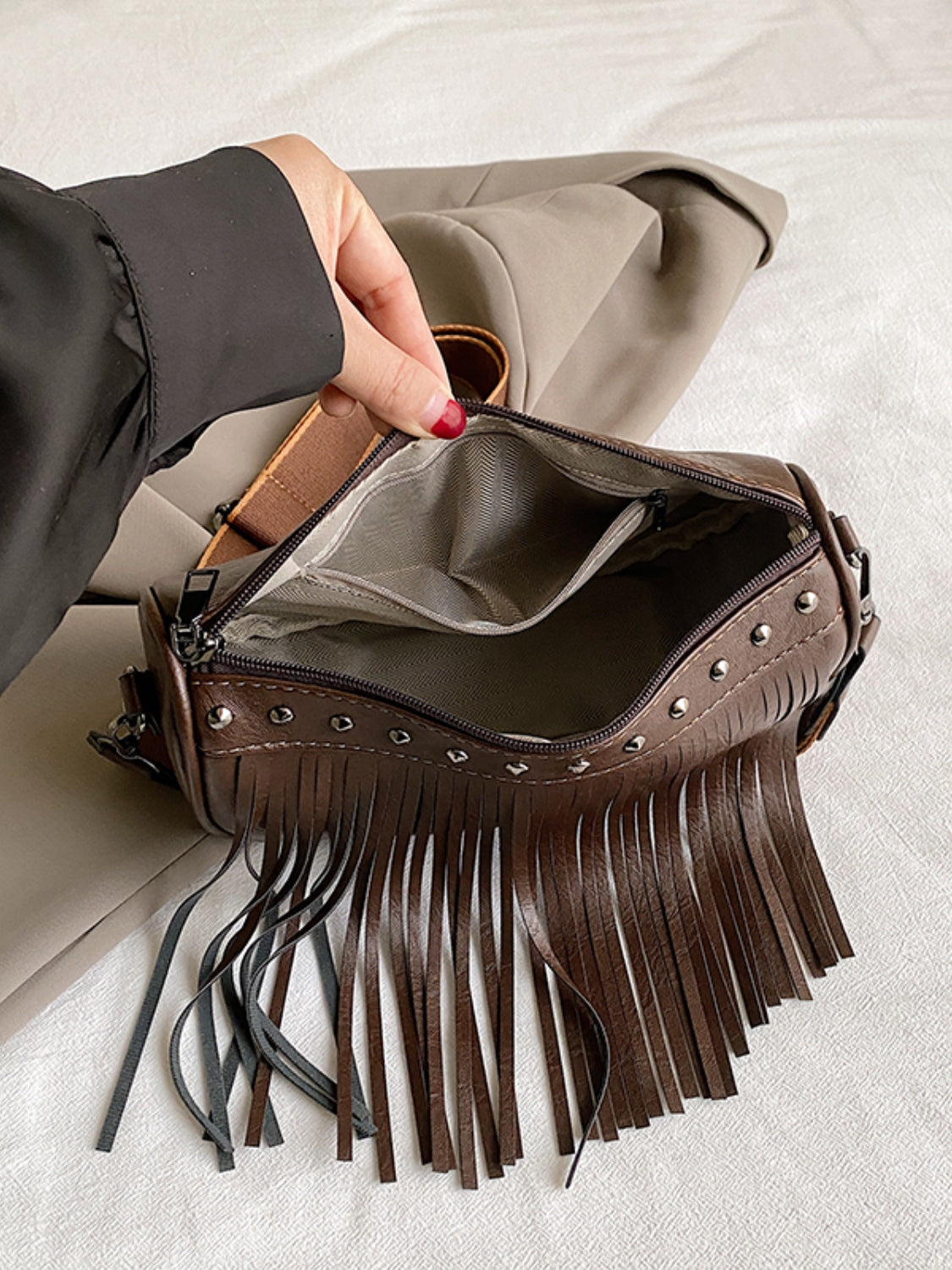 PU Leather Fringe Studded Crossbody Bag - Luminous Bear Shop