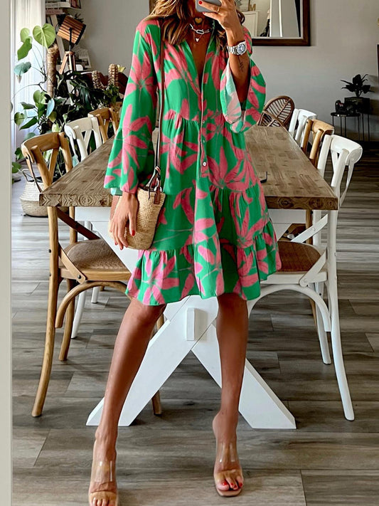 Printed Notched Long Sleeve Mini Dress - Luminous Bear Shop