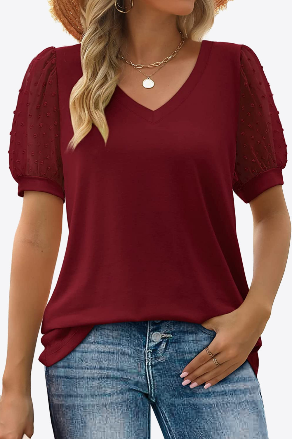 Swiss Dot Puff Sleeve V-Neck Tee - Luminous Bear Shop