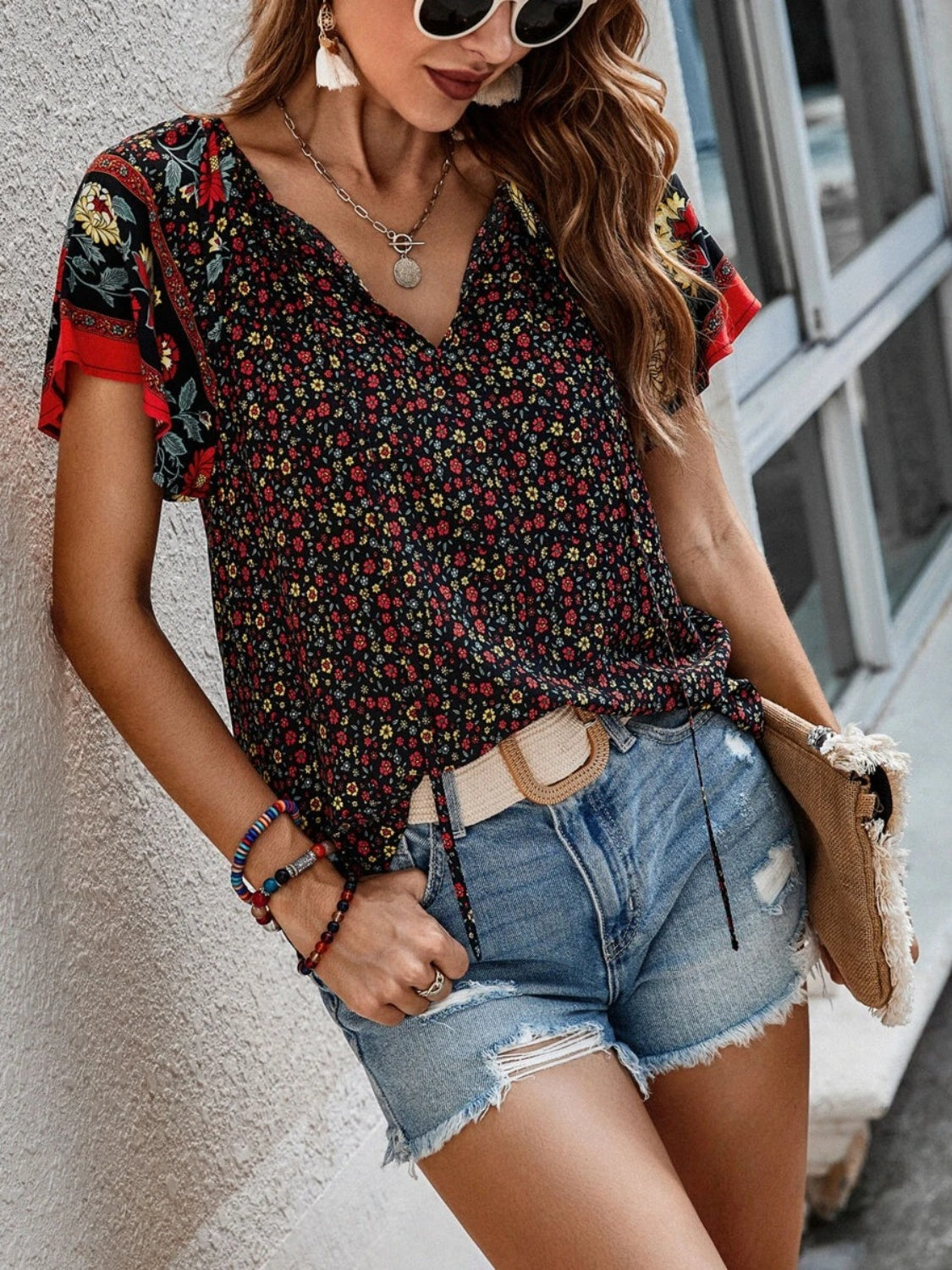 Printed Tie Neck Short Sleeve Blouse - Luminous Bear Shop