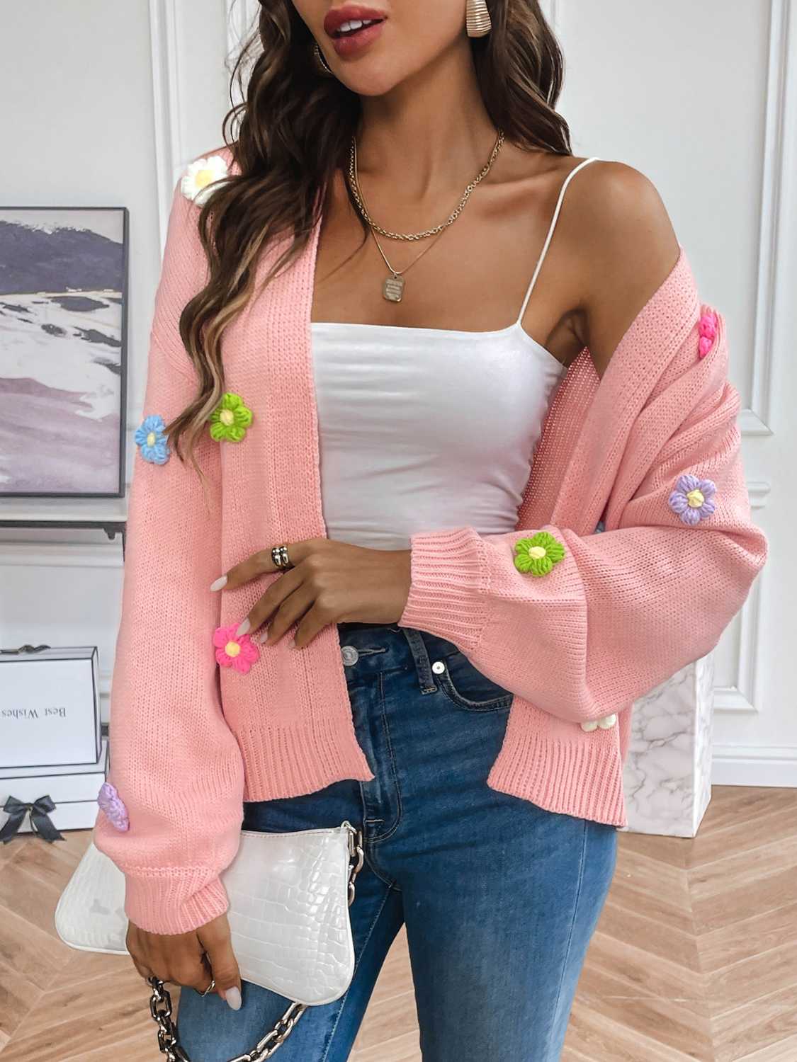 Floral Long Sleeve Open Front Cardigan - Luminous Bear