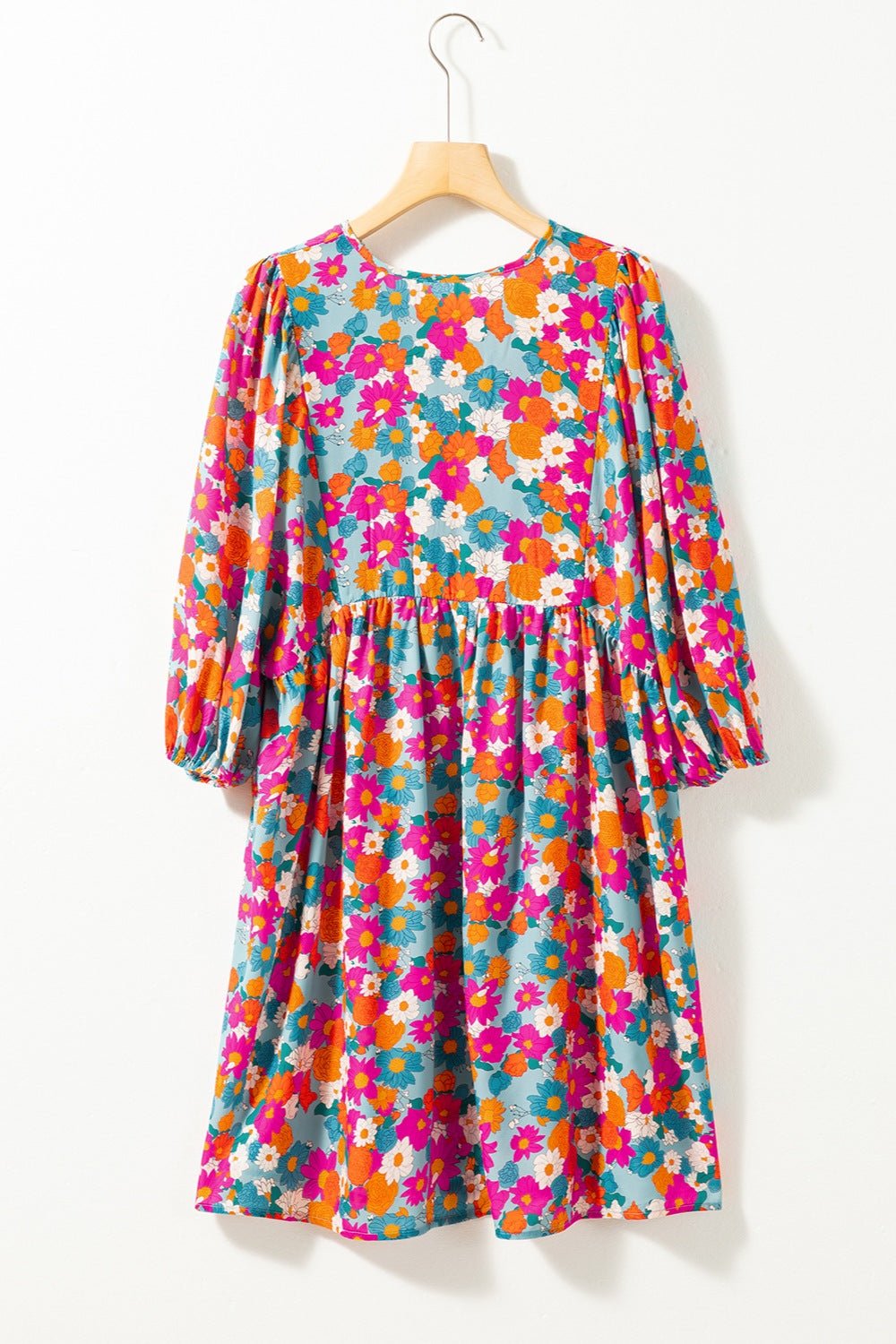 Floral Tie Neck Puff Sleeve Mini Dress - Luminous Bear