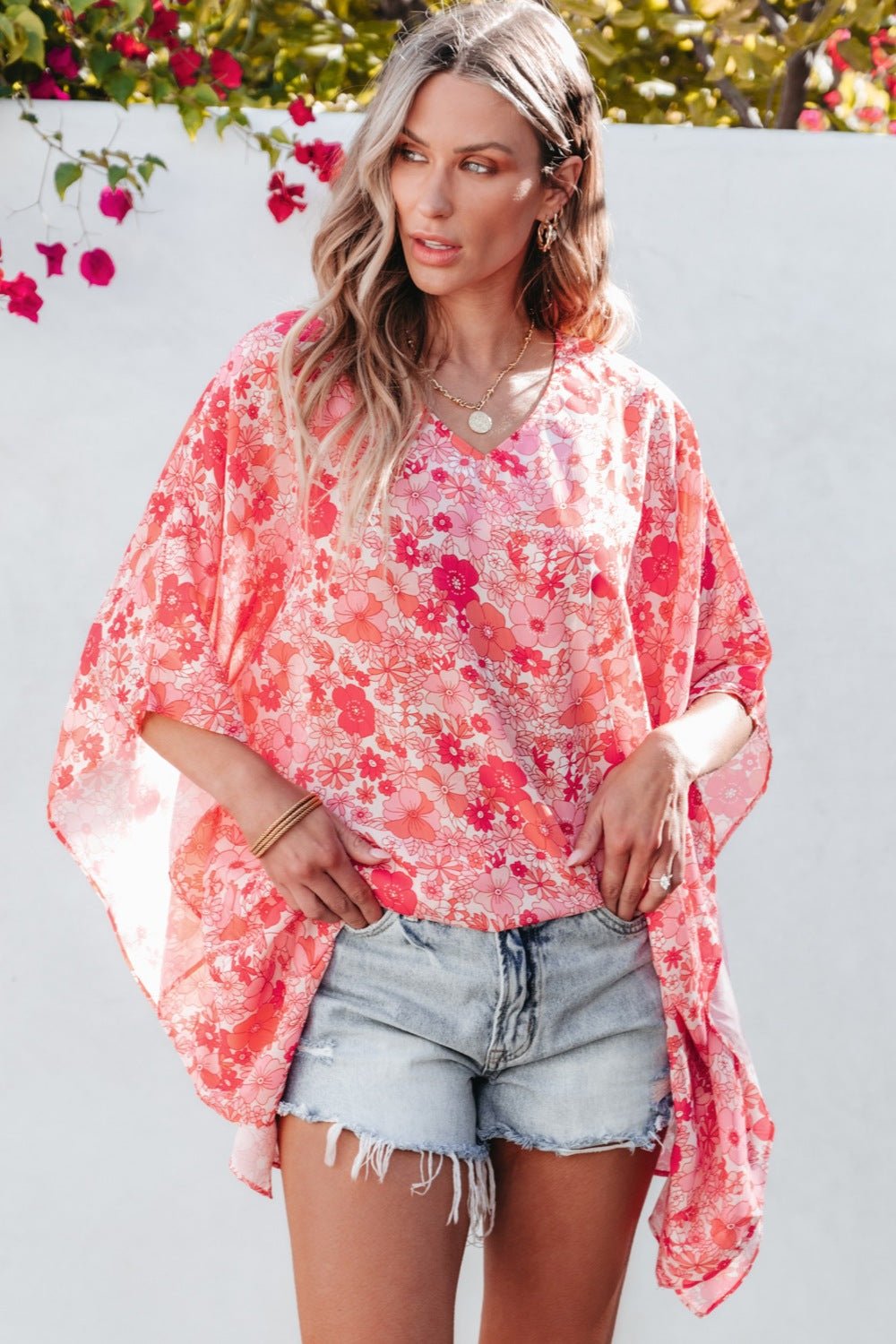 Floral V-Neck Three-Quarter Sleeve Blouse - Luminous Bear